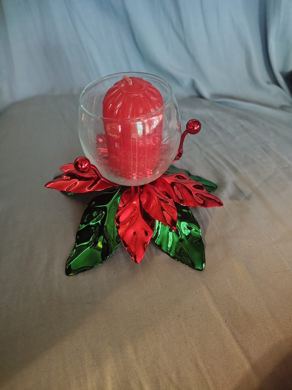 Festive Red & Green Poinsettia Candle Holder - Home Holiday Decor